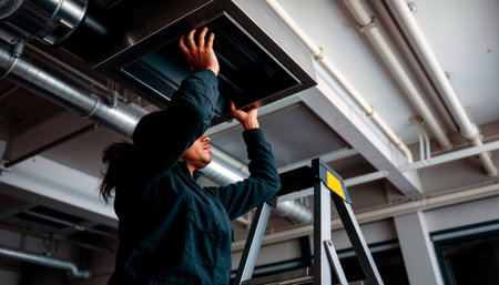 Technician on a ladder installing a commercial HVAC ceiling ventilation grille.の素材
