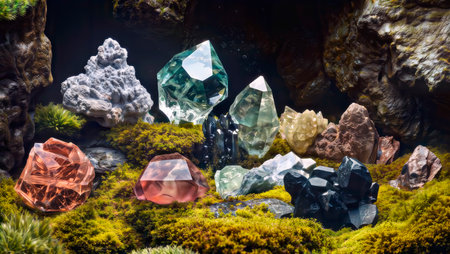 Diverse natural crystals and gemstones arranged on a mossy, rocky surface.の素材