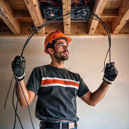Electrician in a hard hat installing wiring in a new construction ceiling.の素材