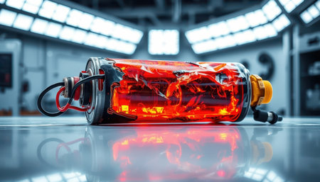 Overheating lithium-ion battery with internal glow in a research lab.の素材