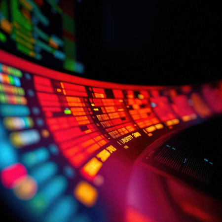 A curved digital screen displays complex red and orange data analytics on a dark background.の素材