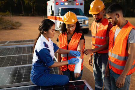A female paramedic provides first aid to a male construction worker's injured arm at a solar farm.の素材