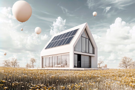 Small modern house with solar panels and balloons in field.の素材