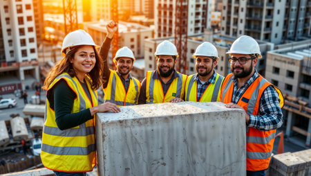 Diverse team of smiling construction workers in hard hats posing together on a city rooftop.の素材