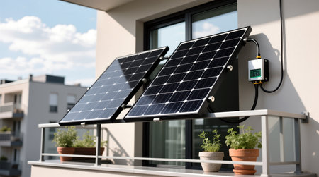 Two solar panels installed on a modern apartment balcony for residential energy generation.の素材