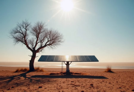 Solar panel and a bare tree in a dry, sunlit desert landscape.の素材