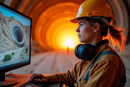 Female engineer with hard hat working on a computer in an industrial control room.の素材