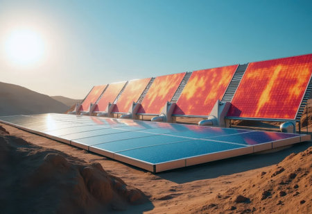 Solar panels and thermal collectors at a power plant in the desert.の素材