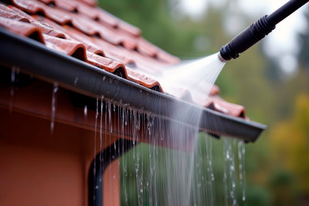 Roofer pressure washing a tiled roof and gutter with a water jet.の素材