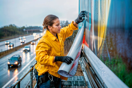 Woman in yellow jacket installs vinyl graphic on highway billboard.の素材