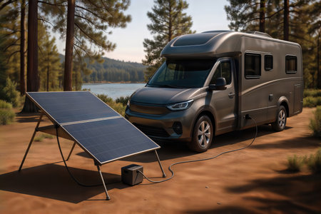 Camper van with a portable solar panel for off-grid power in a forest.の素材