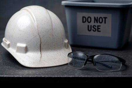 Cracked safety hard hat and glasses with do not use bin.の素材