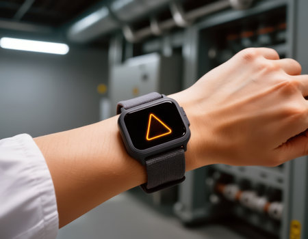 Smartwatch with warning symbol on wrist in industrial facility.の素材
