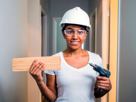 Woman in hard hat holds drill and wood plank in hallway.の素材