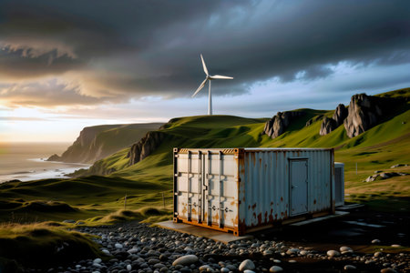 Weathered battery storage container and wind turbine on rugged coast.の素材