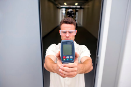 Technician holding a handheld device in an industrial data center corridor.の素材