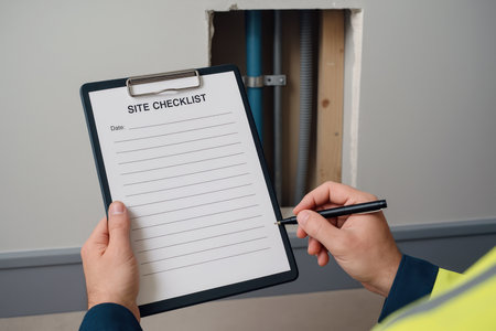 Inspector holding a clipboard and filling out a site checklist for building inspection. Space for text.の素材