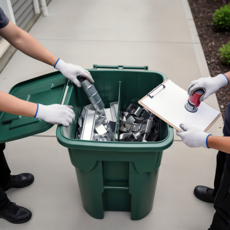 Workers in gloves sorting scrap metal pieces into a divided recycling bin.の素材