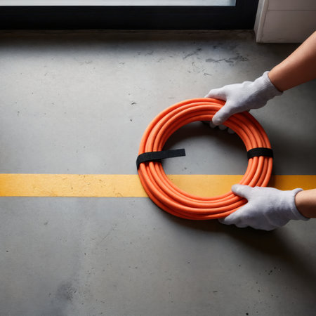 Coiled orange electrical extension cord on a concrete floor with a yellow line.の素材