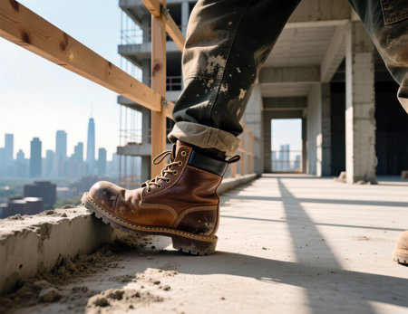 Close up of a worker's worn boot on a concrete ledge at a high-rise construction site.の素材