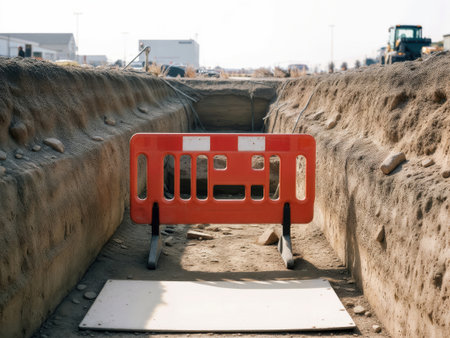 Orange safety barrier in a deep trench at a construction site.の素材