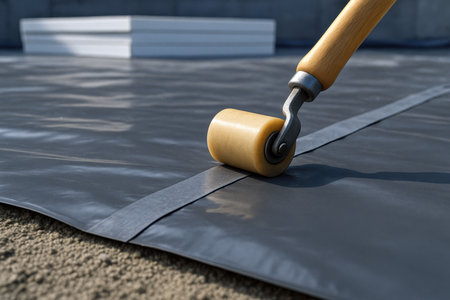 Close-up of a roller sealing a waterproof membrane seam for flat roof installation.の素材