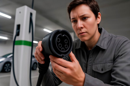 Person inspecting an EV charging connector at a charging station.の素材