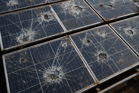 Close up of damaged, broken, and shattered solar panels after a storm.の素材
