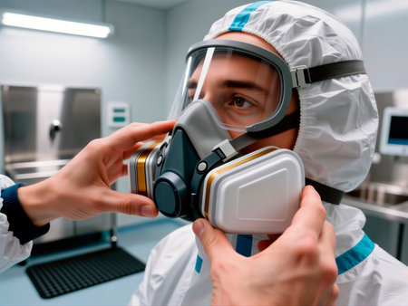 Worker in cleanroom adjusting respirator mask in laboratory.の素材