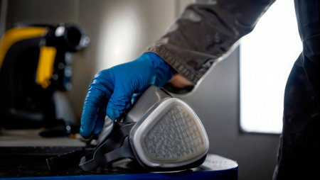 Gloved hand picking up half-face respirator in workshop with paint sprayer nearby.の素材