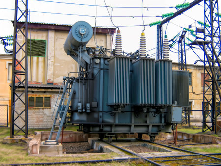 A large industrial old power transformer on wheels at an open electrical substation.の素材