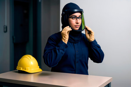 A woman adjusts a protective face shield and hard hat on a table.の素材