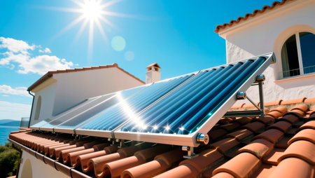 Solar water heater with evacuated tube collectors on a tiled residential roof.の素材