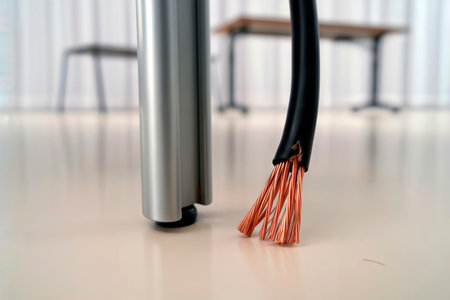 Stripped electrical cable with copper wire strands on a desk in a modern office.の素材