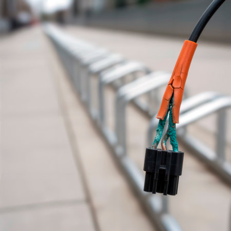 Damaged electrical cable with cracked insulation and corroded wires outdoors.の素材