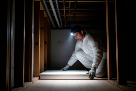 Inspector with a headlamp examines a panel in a dark unfinished.の素材