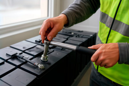 Technician uses a torque wrench to connect terminals on a battery bank.の素材