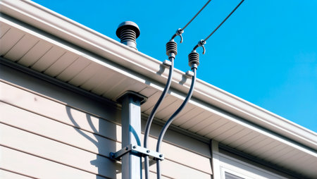 Residential building electrical service drop connection with power lines.の素材