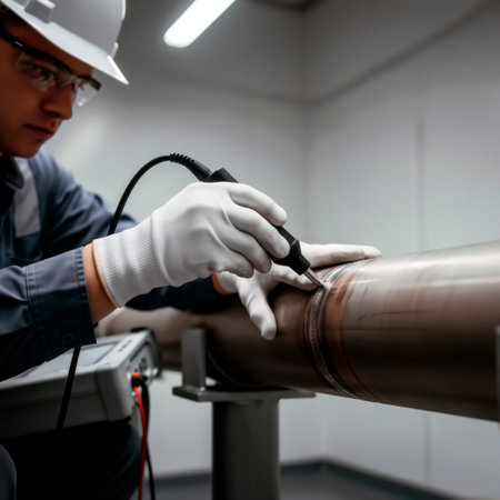 Inspector performing ultrasonic testing on a pipe weld for quality control.の素材
