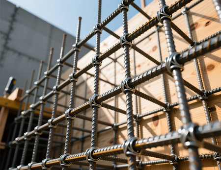 Close-up of steel rebar cage for reinforced concrete foundation at a construction site.の素材