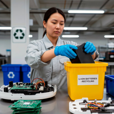 Technician recycling lithium-ion batteries from electronic devices in a factory.の素材