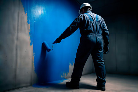 Worker in a hard hat painting a concrete wall blue with a paint roller.の素材