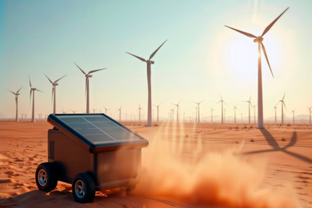 Solar-powered rover moving through a desert wind farm at sunset.の素材