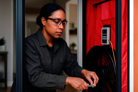 Woman technician performing a blower door test for a home energy audit.の素材