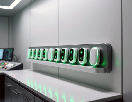 Row of modular wall-mounted battery charging units with glowing green indicators.の素材