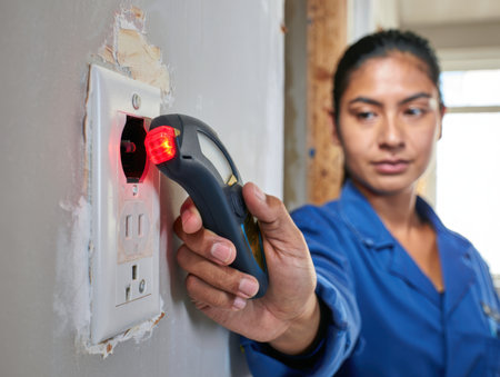 Female electrician testing wall socket voltage with digital inspection tool.の素材