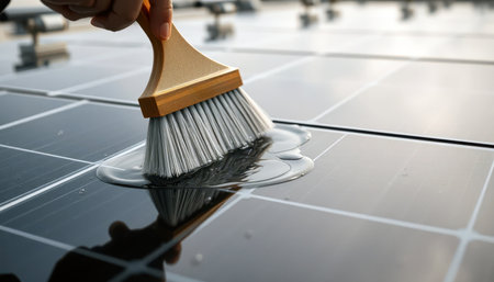 Hand cleaning photovoltaic solar panel surface with soapy water and brush.の素材