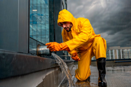Worker in yellow raincoat clearing water from roof drain pipe during heavy rain.の素材