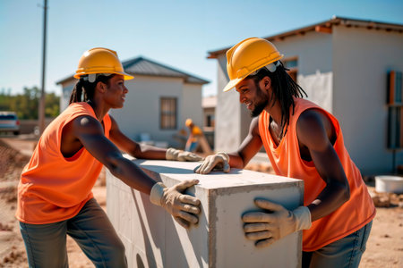 Two construction workers carry a heavy concrete block at a building site.の素材