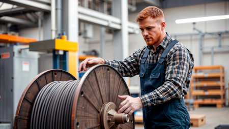 Warehouse worker inspecting large wooden reel of black industrial cable.の素材